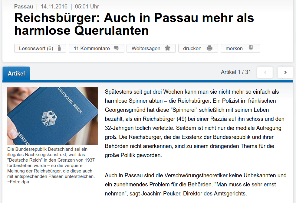 Die PNP titelte am 14.11.16: „Reichsbürger: Auch in Passau mehr als harmlose Querulanten“